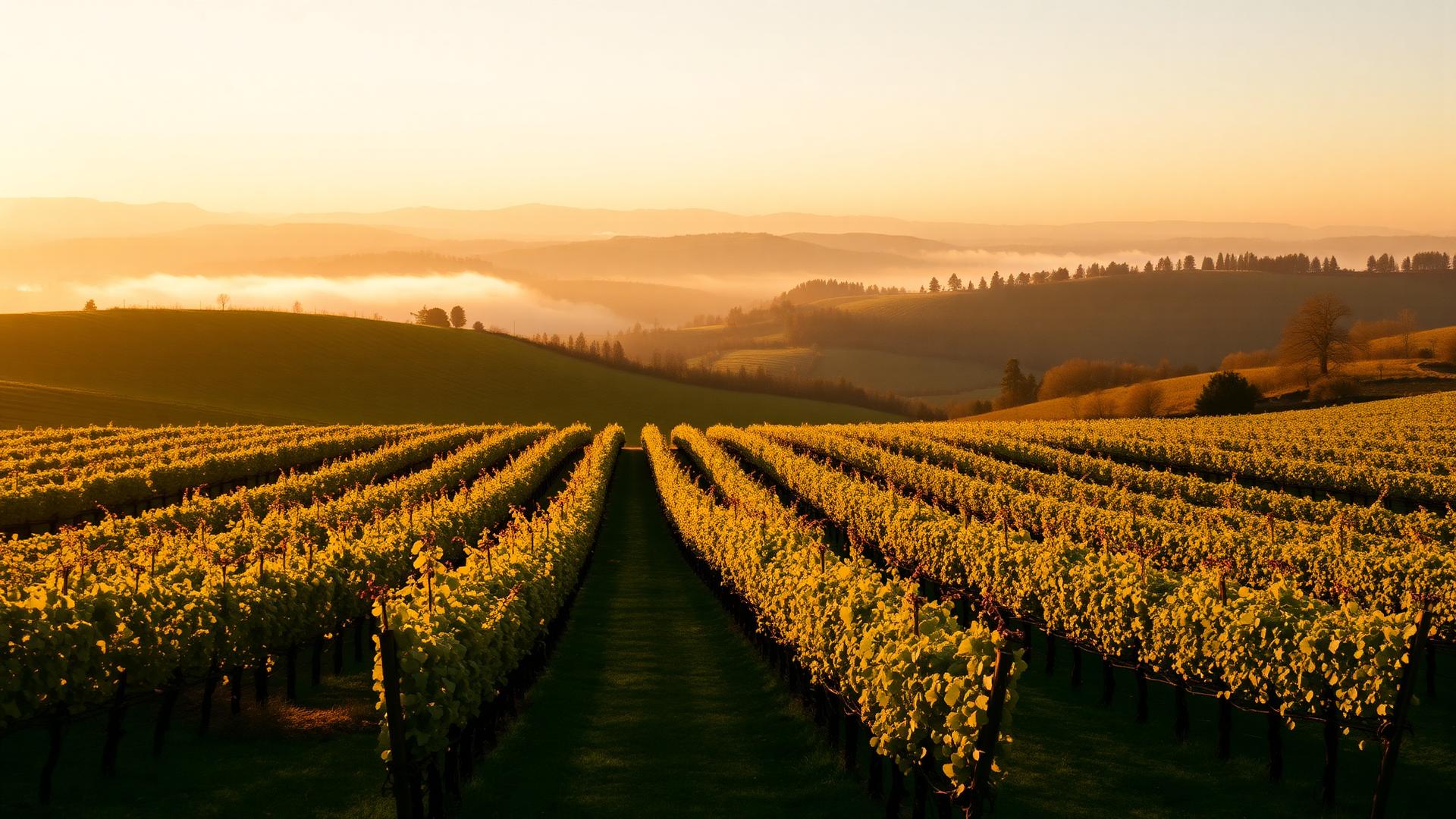 Rows of vines on rolling hills in a French vineyard at golden hour